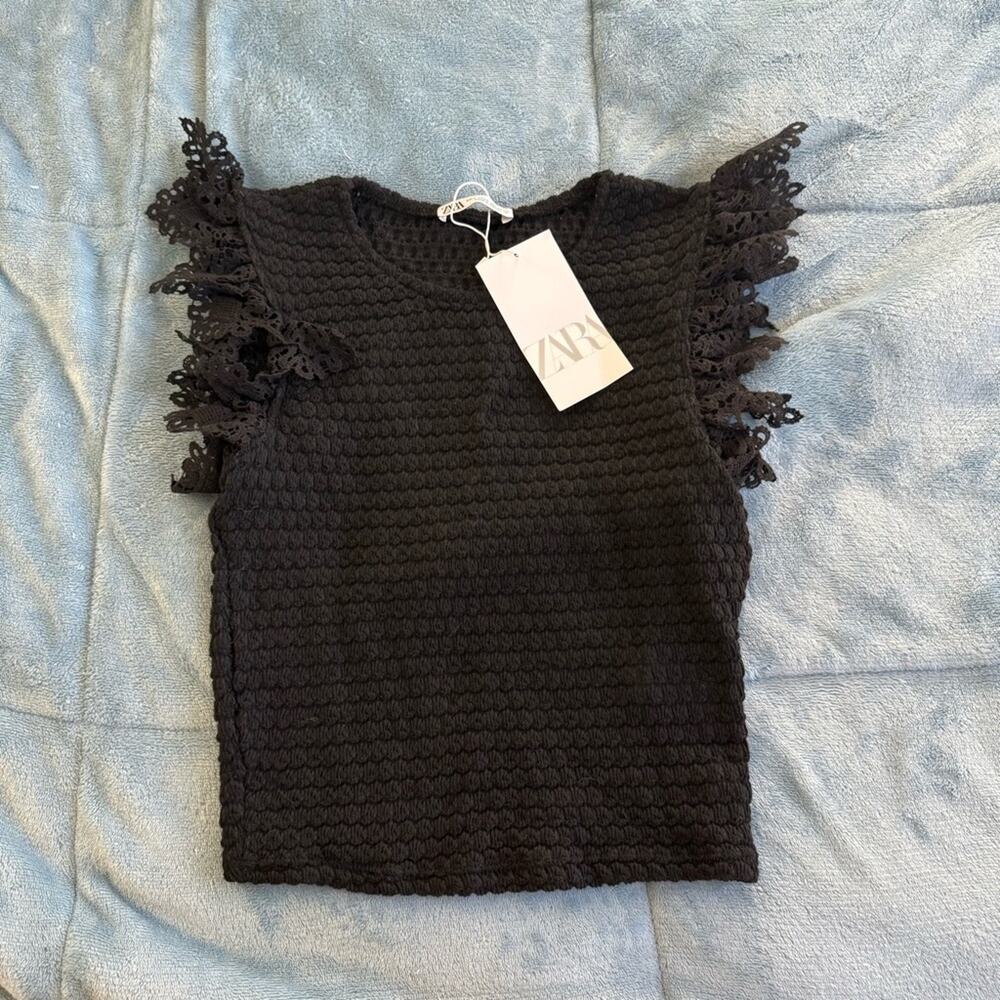 ZARA Textured Ruffle Ribbed Cropped Top Shirt - Picture 5 of 8